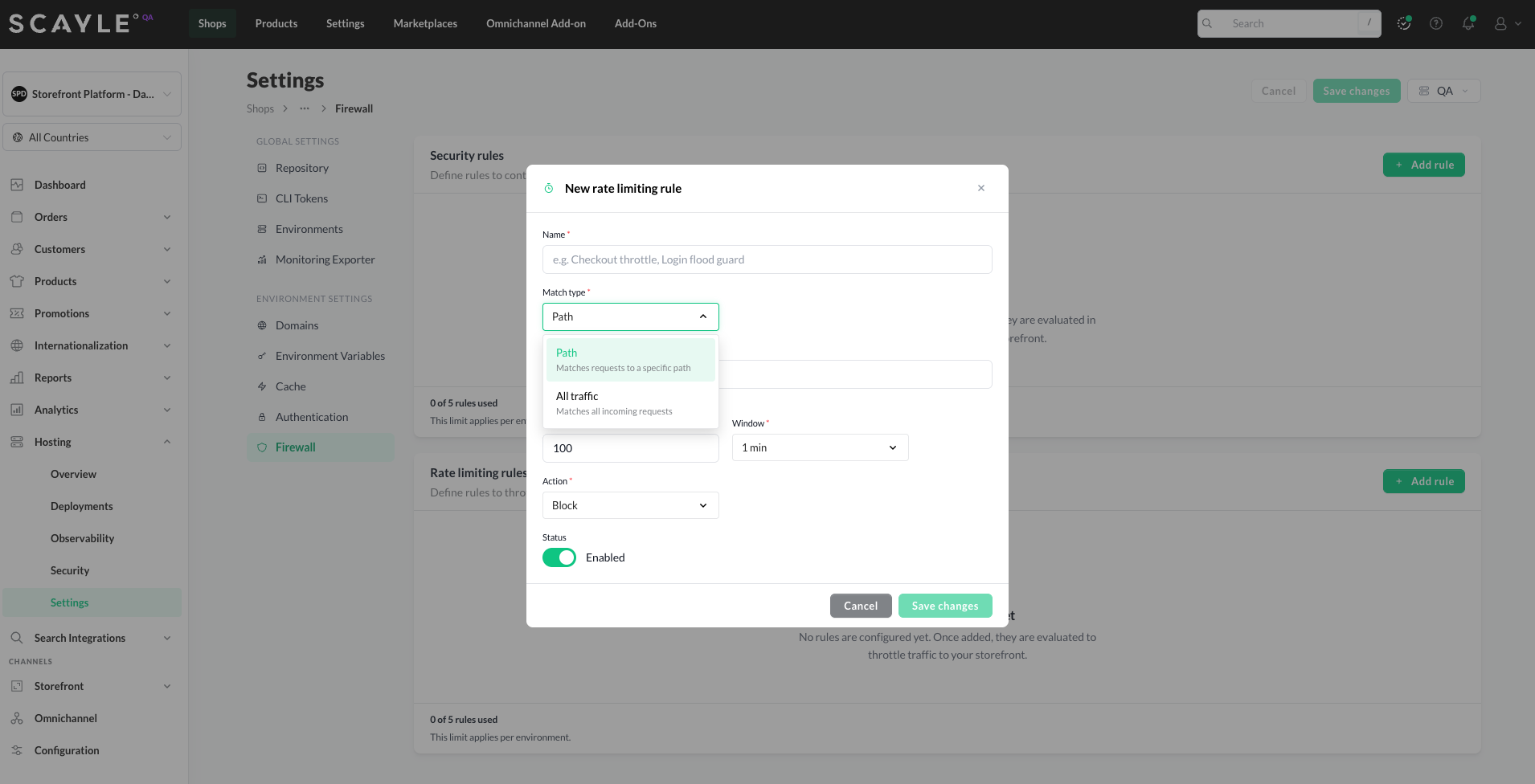 New rate limiting rule dialog with Path match type selected, showing Path pattern, Max requests, Window, and Action fields